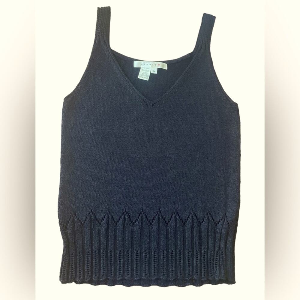 Studio M Cami Top Womens Large Casual Knitted Scallop Hem V Neck Tank Black